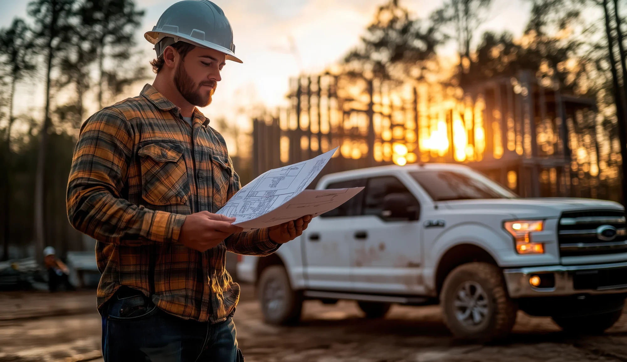 Contractor truck at sunrise on construction site