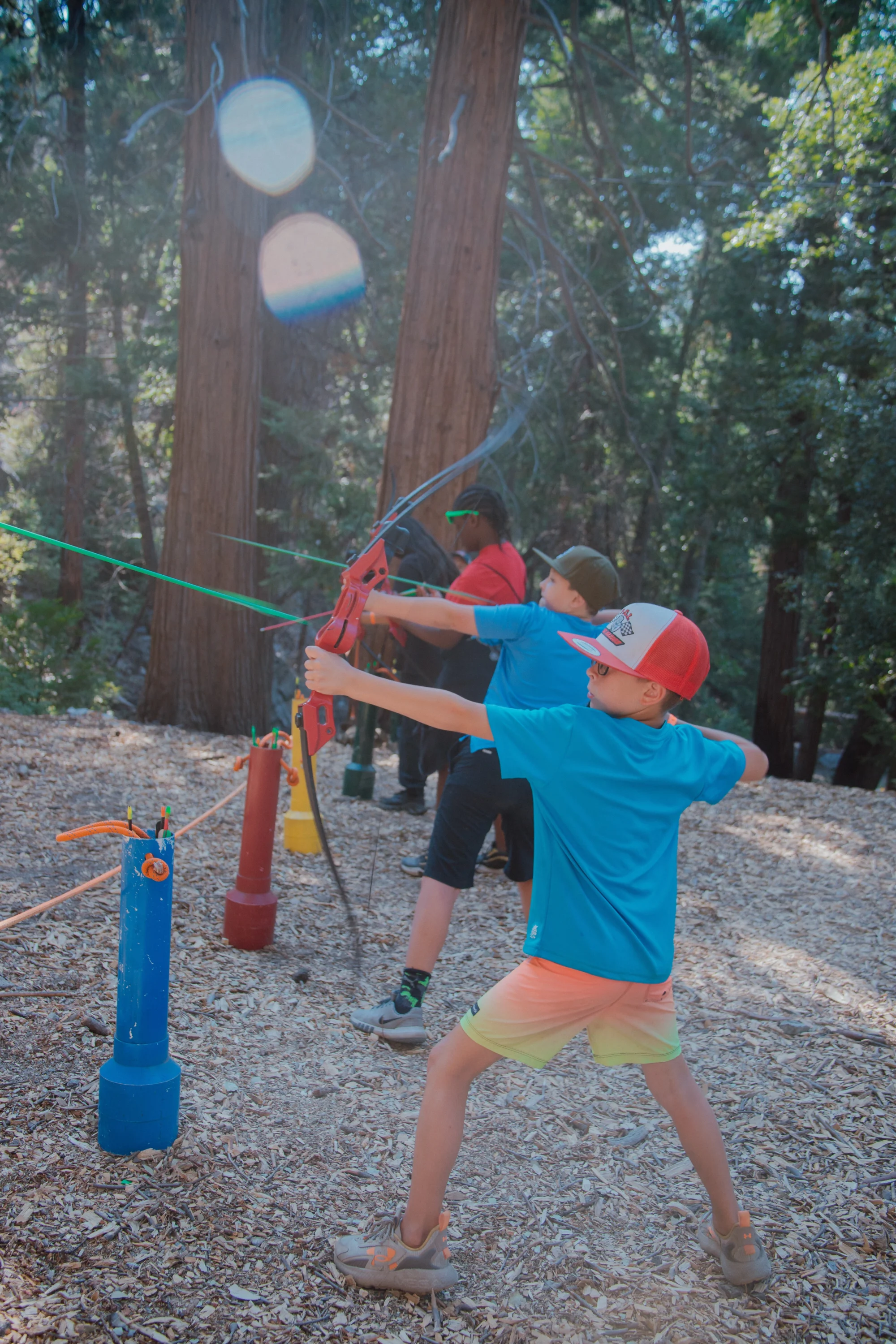 activities boys practicing archery among pine trees
