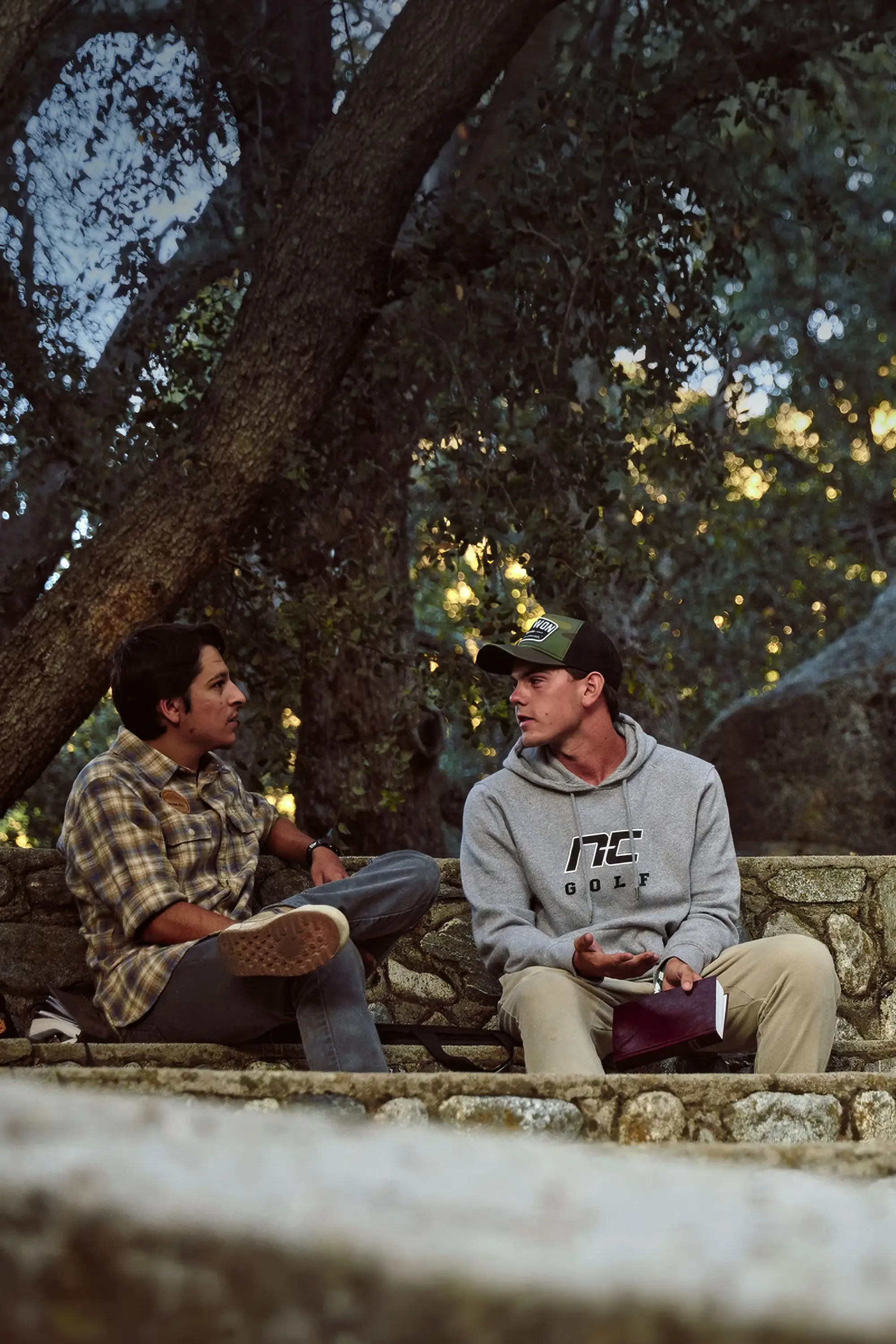 base camp counselor camper conversation stone wall woods tall e2