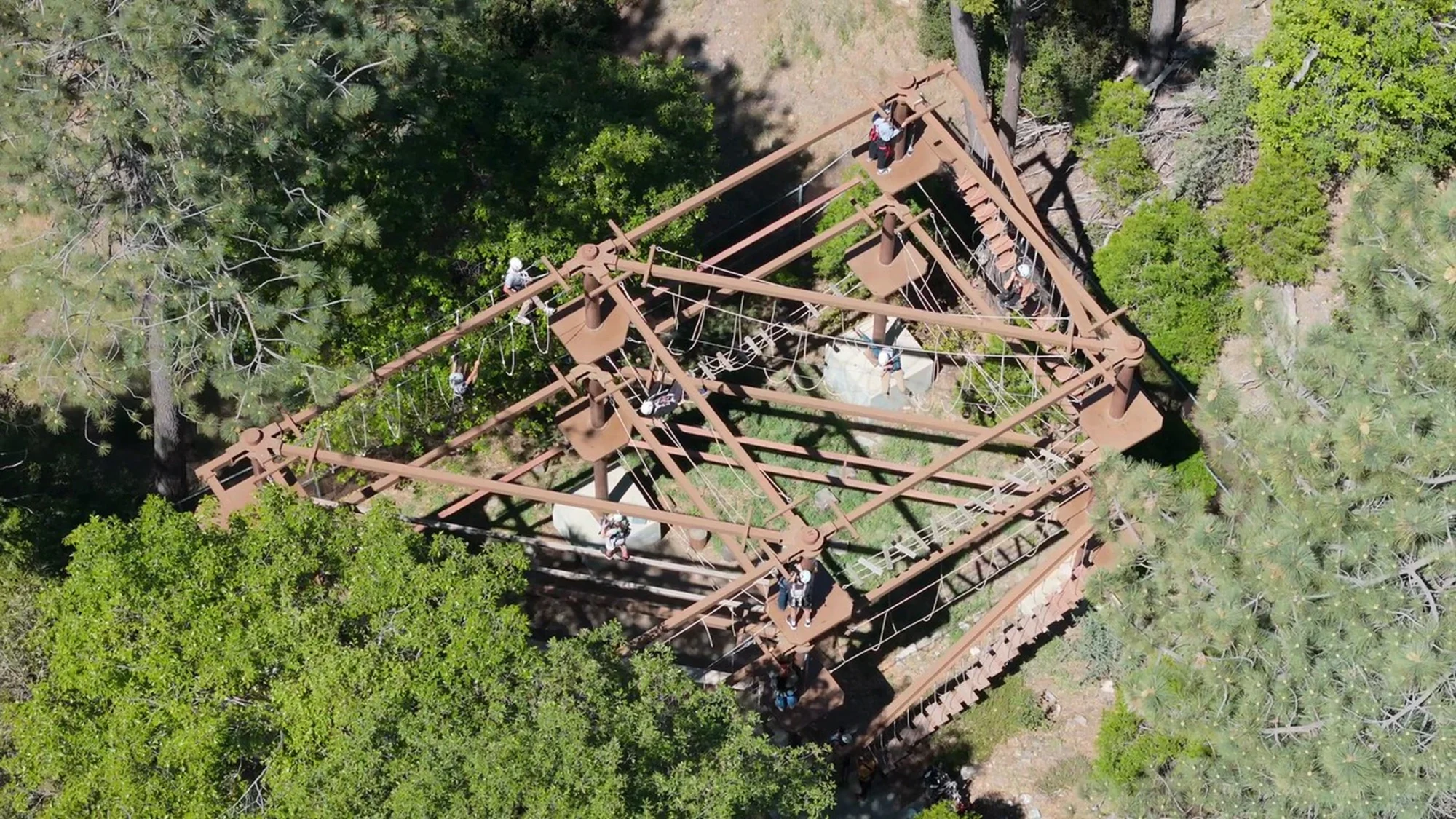canyon park aerial drone sky trail ropes course pine trees