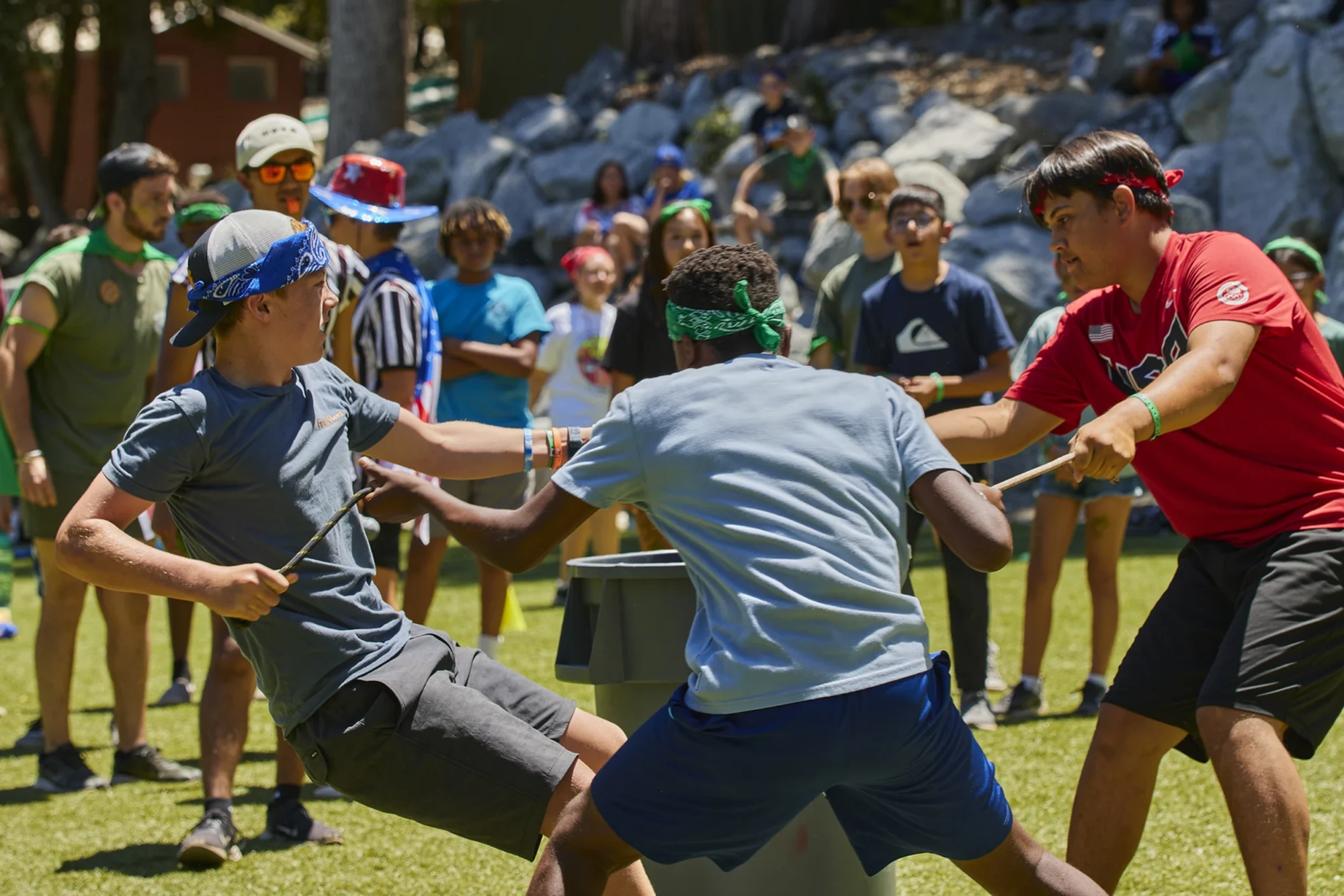 family camp basecamp boys tug of war game