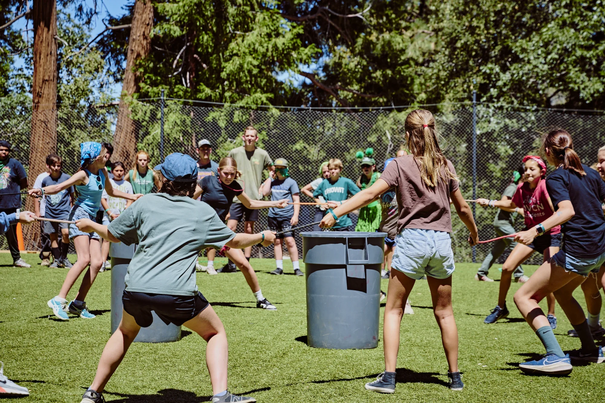 family camp basecamp kids team relay bucket game field