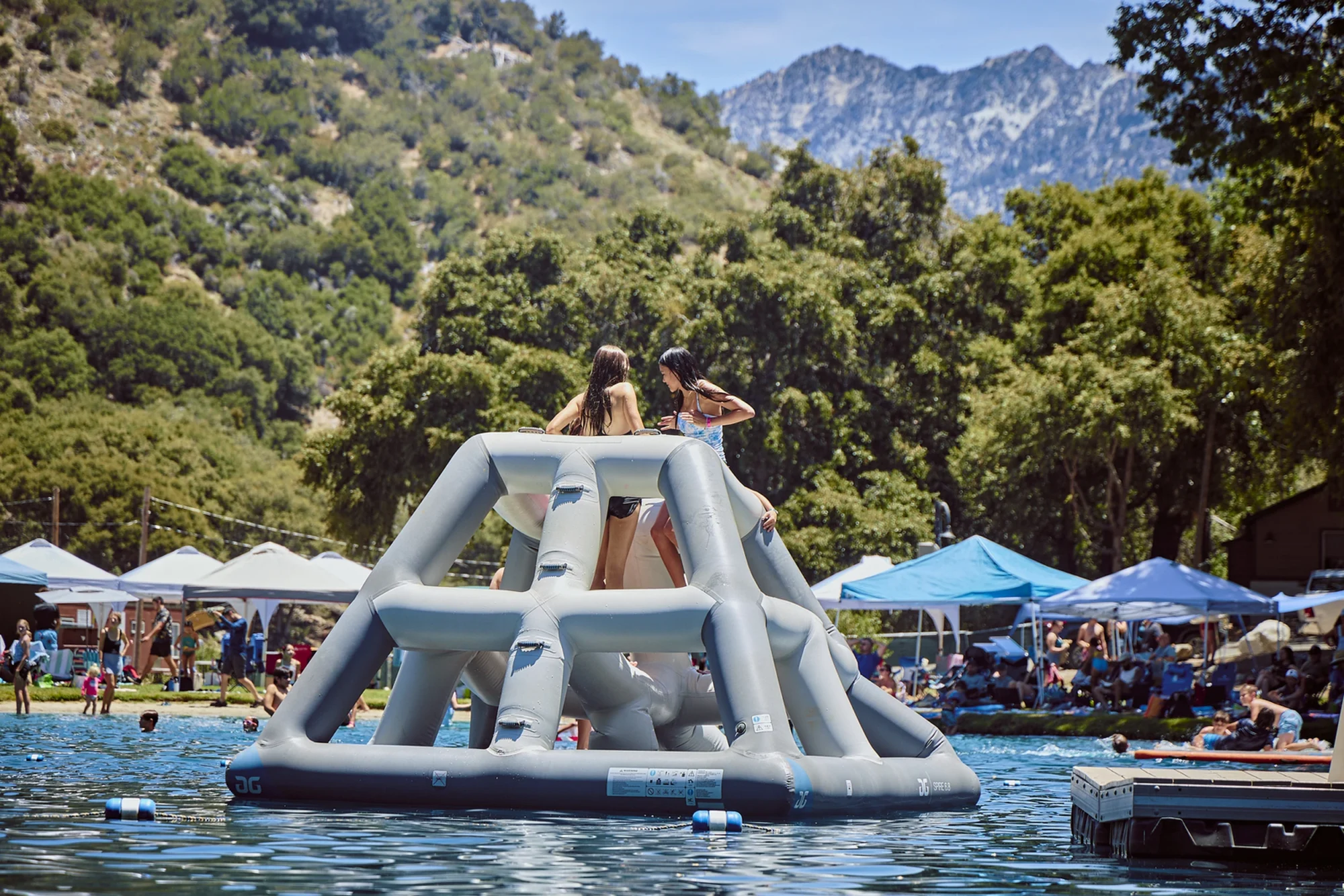 family camp inflatable element girls lake mountain view