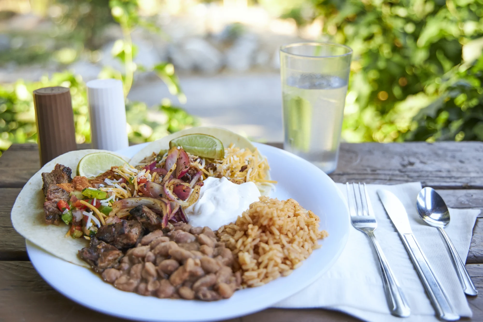 food family camp mexican tacos rice beans outdoor plate