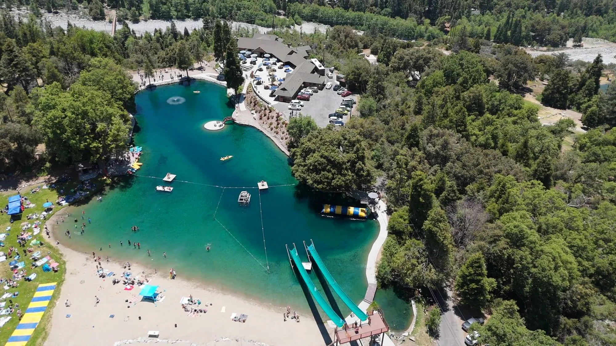 lakeview aerial drone lake water slides beach swimming recreation