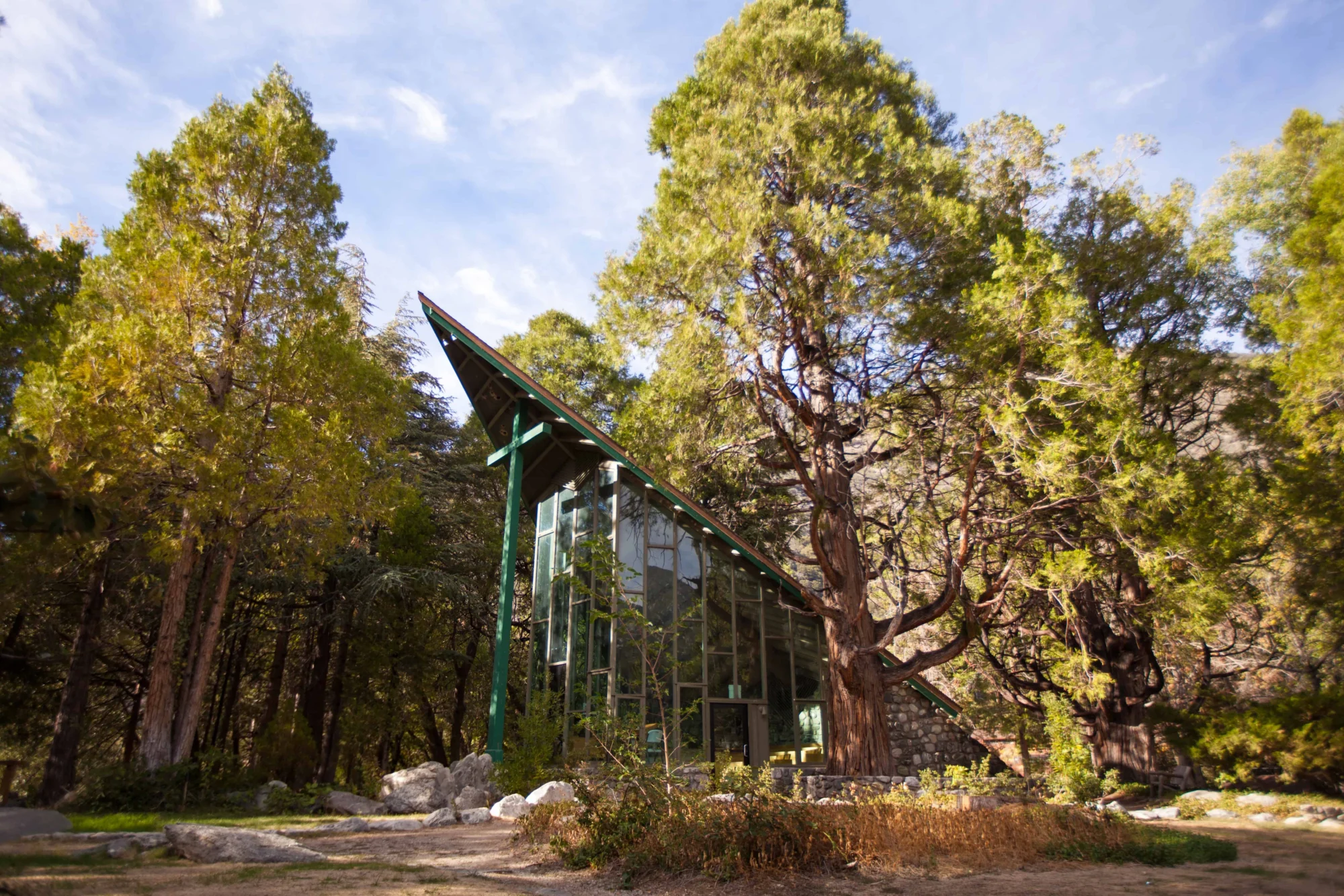 lakeview lodge cabin glass windows green roof forest trees