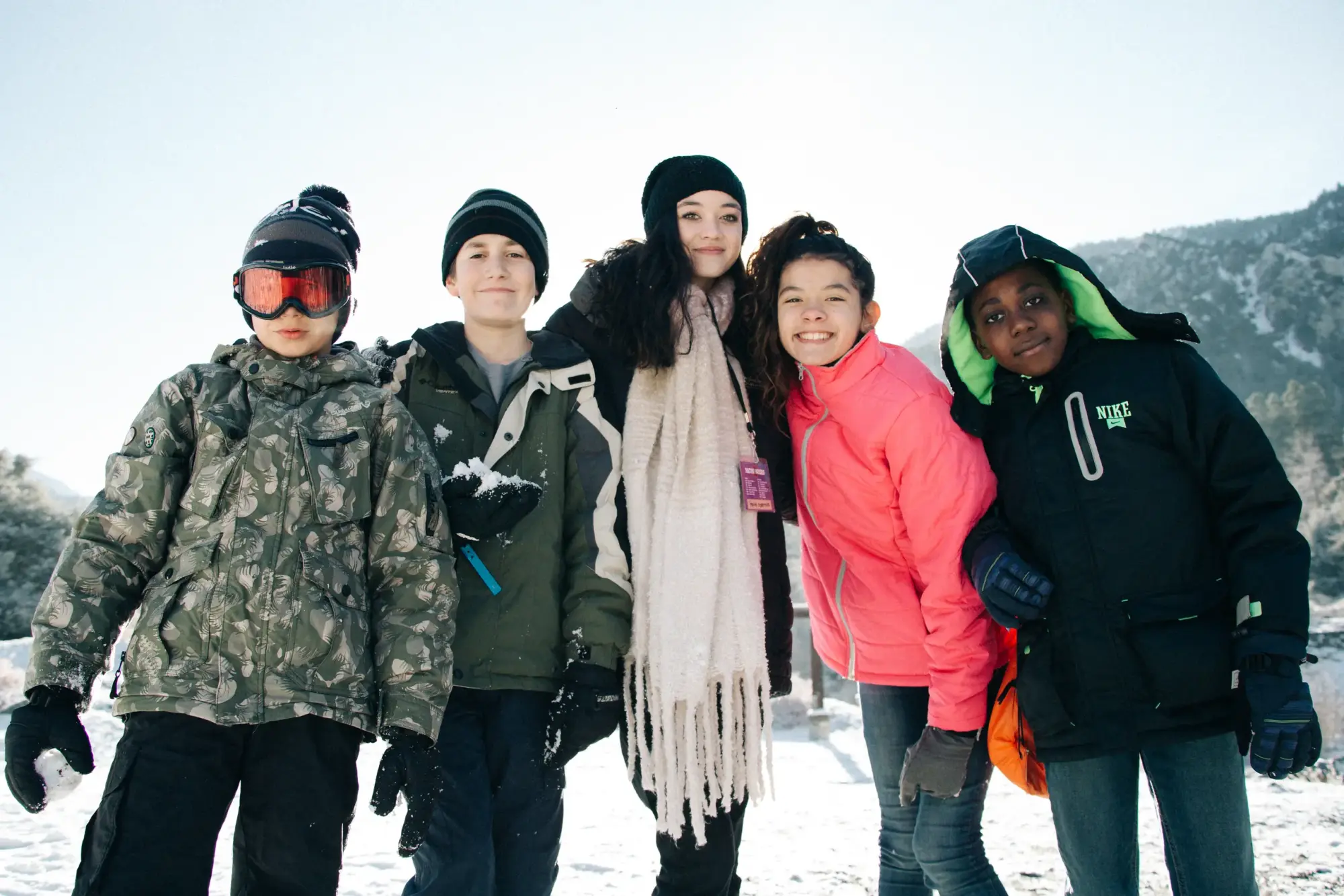 snow group smile winter kids
