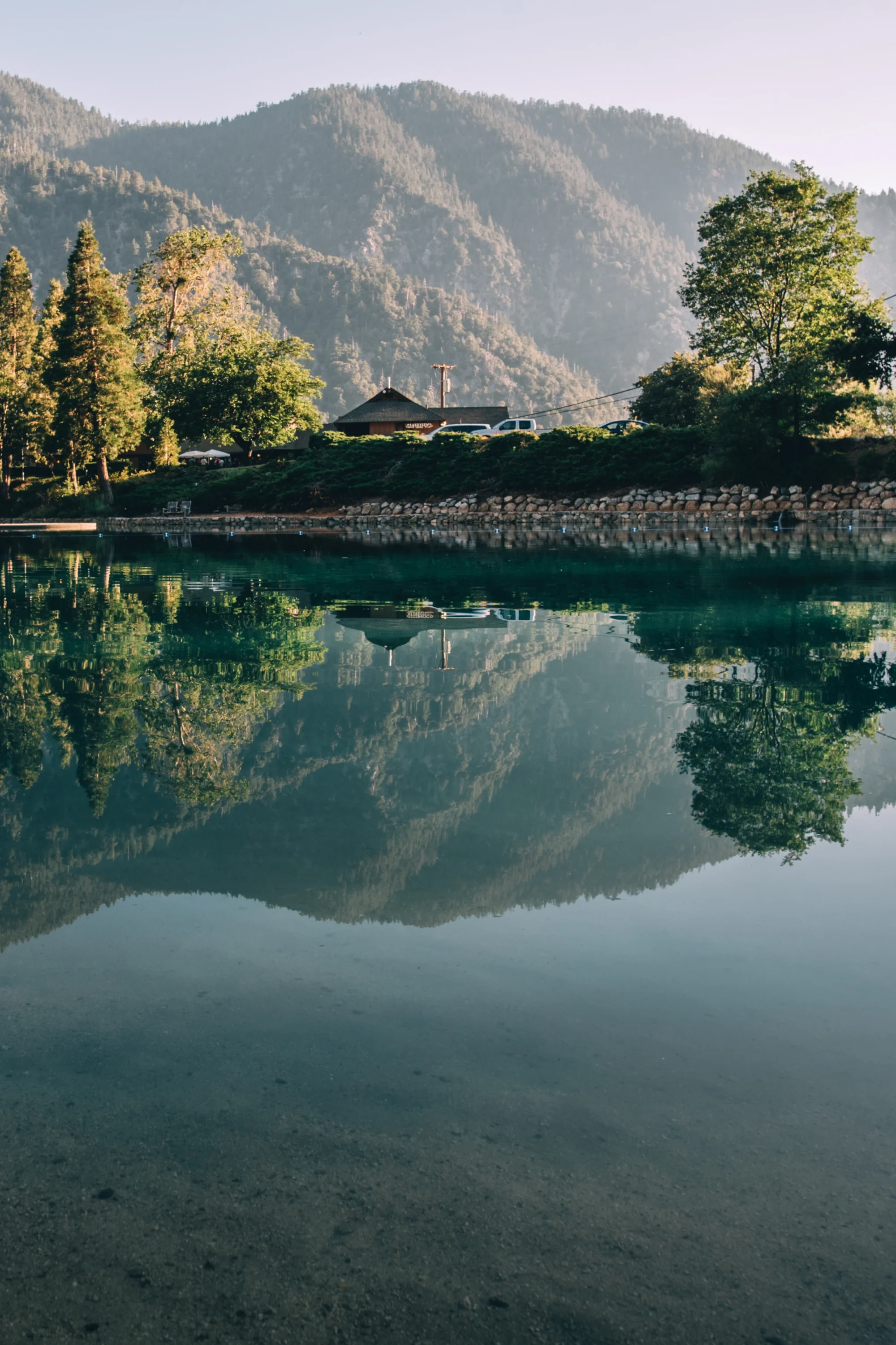 still lake with mountains